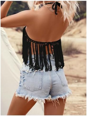 MakeMeChic Top cropped feminino decote V profundo franja franja