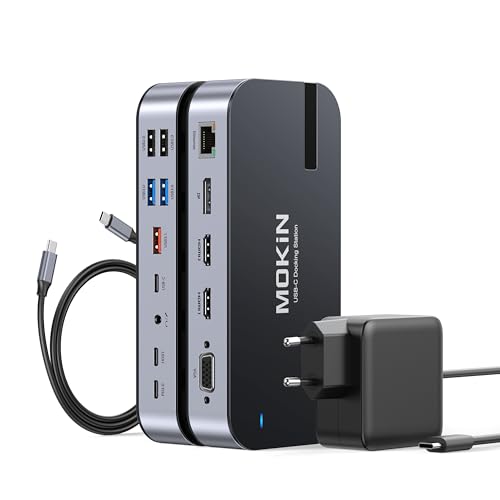 MOKiN Station d'accueil USB C Double Moniteur avec Adaptateur 65W,16-en-1 PC Portable 4 Écrans Dock USB C avec 2 HDMI DisplayPort, VGA, 6 Ports Type-C/A, RJ45,Charge PD 100W, Audio, SD/TF pour Dell/HP