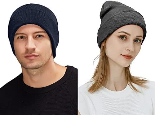 2-Pack Mens Daily Beanie Hat Classic Cuffed Plain Skull Knit Winter Hat Cap for Men & Women Warm Snug Slouchy Soft Headwear Unisex
