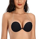 JOATEAY Women's Strapless Backless Bra Plunge Push Up Underwire Adhesive Halter Bra with Clear Strap