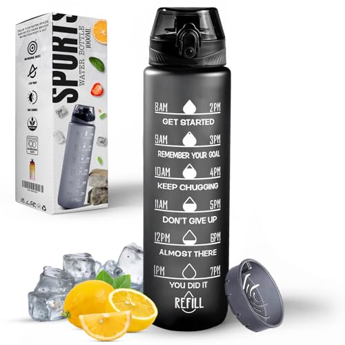 Roe Tenpo Water Bottle 1L, Sports Water Bottle with Time Markings, BPA-Free, Leak-Proof Drinks Bottle, Perfect for Running, Cycling, Gym, Yoga, Camping and Outdoor Activities, Black