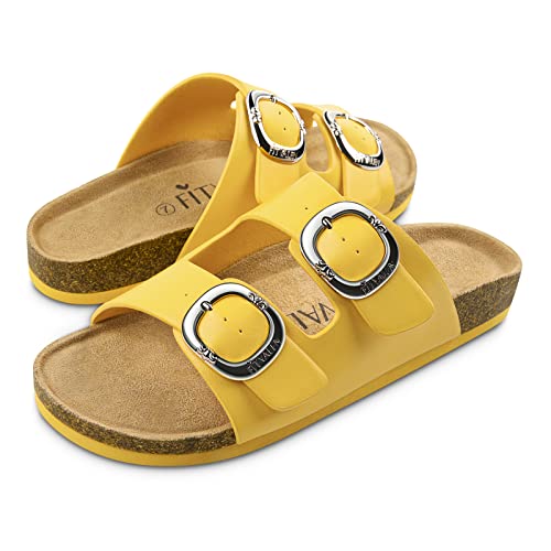 Frauen Kork Fußbett Flache Slide Sandalen, 2 Riemen Verstellbare Schnalle Slip on Slipper Sandalen mit Komfort Fußgewölbeunterstützung für Frauen Unisex Indoor Outdoor Sommer Strand, gelb, 43 EU Cover