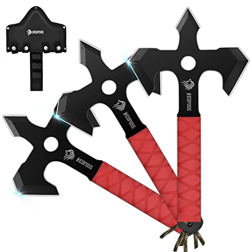 NedFoss Throwing Axes and Tomahawks, 3 Pack One Piece Steel Triple Edge Throwing Axe with Sheath, 2.16" Blade Throwing Axe Set with Paracord Wrapped Rubber Handle for Axe Throwing Game