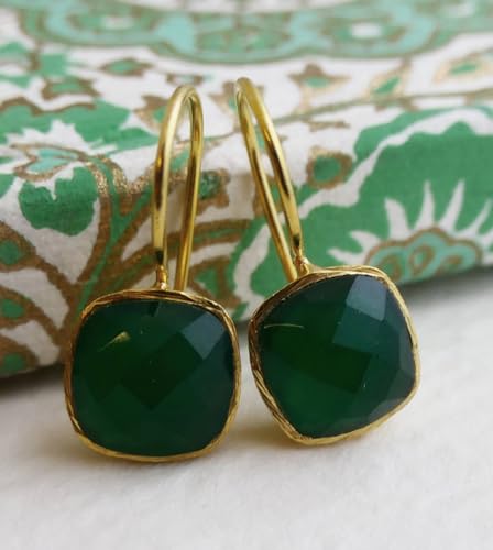 Green Onyx Drop Earrings for Women – Gold Plated 925 Sterling Silver Cushion Cut Gemstone Dangles – Lightweight Handmade Hypoallergenic Jewelry Gift - aretes verdes (Green Onyx)2