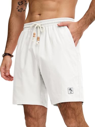 JEMLDL Mens White Cotton Linen Shorts 7" Elastic Waist Drawstring Lightweight Summer Beach Vacation Shorts 3X-Large — view 2