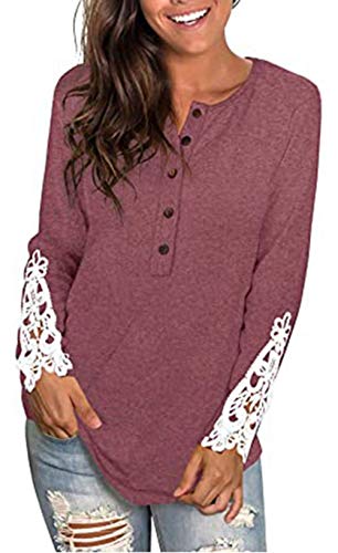 Womens Long Sleeve Round Neck Solid Color Lace Buttons Henley Shirts Tunic Tops Red L