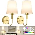 Wireless Rechargeable Wall Sconce, Battery Operated Wall Lights with Remote, Wall Lamps with Dimmable RGB LED Bulbs, No Wiring Gold Sconces Wall Decor Set of 2 for Bedroom Living Room Hallway