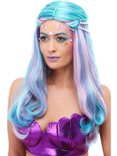 Perruque de sirène bleue Smiffys Halloween cheveux longs ondulés avec perles