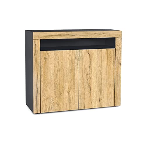 Vladon Buffet Valencia, Commode avec 2 Portes et 1 Compartiment Ouvert, Noir Mat/chêne Nature/chêne Nature (108 x 92 x 40 cm)