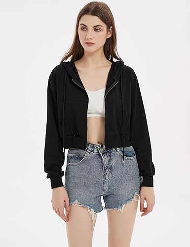 Image of Casual Wear Solid Crop Zipper Jacket Hooded Neck Full Sleeves with Kangaroo Pocket Hoodie for Women