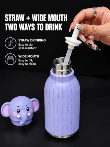 Image of 480ml Stainless Steel Sipper Water Bottle with Straw | Leakproof Animal Sipper Bottle | Reusable Drinking Bottle for School, Travel & Daily Use (Elephant)