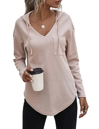 Cegerne Pullover Damen Hoodie Langarm V Ausschnitt Pullover Sweatshirt Kapuzenpullover Einfarbig Drawstring Top, Aprikose, L