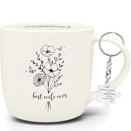 Best Wife Coffee Mug Flower 12 Ounce Ceramic, Wife Keychain, Best Wife Ever Gifts from Husband, Wife...