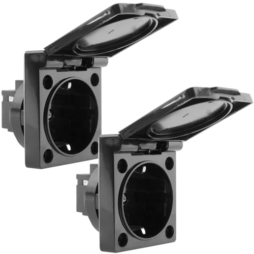 BeMatik - Base de enchufe schuko empotrable IP44 a tornillo con tapa de color negro 2 pack