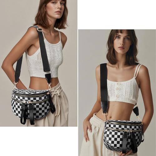 Image of hibear Checkered Crossbody Bag Spacious Bum Bags for Women Nylon Crossbody Fanny Packs Checkered Purse Belt Wallet (W-Black)
