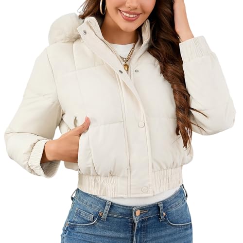 Xixiuly Womens Cropped Puffer Jacket Long Sleeve Faux Fur Hooded Puffy Winter Warm Padded Coat Stand Collar Full Zip Quilted Down Coats Outerwear with 2 Zip Pockets White S