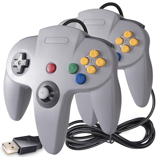 2 Pack Classic N64 USB Controller, USB N64 Remote Wired Game Pad Joypad Controller for Windows XP 7 8 & MAC Raspberry Pi Gray