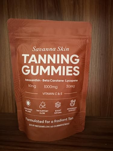 KYZTMHC Savanna Skin Tanning Gummies with Vitamin C & E Astaxanthin Beta Carotene & Lycopene Blend Natural Looking Glow Bronzing Radiant Healthy Skin Non-GMO Vegan & Sugar-Free 60 Gummies
