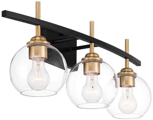 Image of 360 Lighting Modern Wall Light Sconce Black Gold Mixed Hardwire 27 inch 3-Light Fixture Clear Glass Globe Shade for Bedroom Bathroom Bedside Vanity Living Room Home Mirror Hallway Dining Kitchen