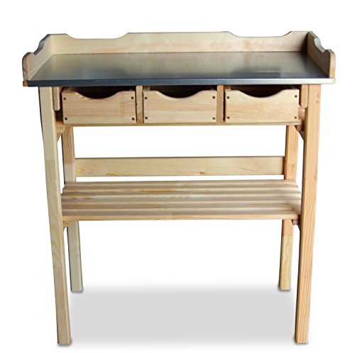 GartenDepot24 Pflanztisch mit 3 Schubladen aus Holz, Zinkplatte, Natur B78 x T38 x H82 cm