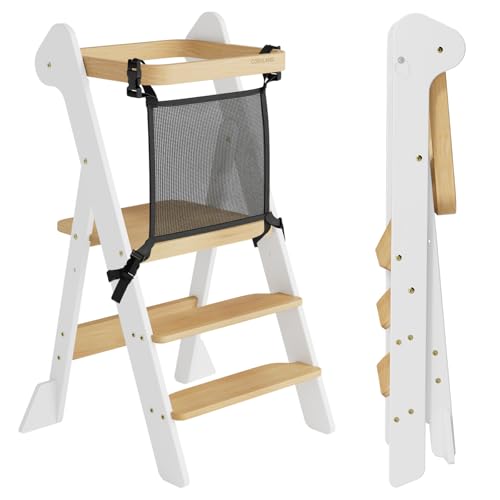 COSYLAND Torre de Aprendizaje Montessori de Madera Plegable Desde 1 Año – Ganadora del Premio iF Design, con Red de Seguridad y Altura Ajustable, Ideal para Cocina y Baño (Blanco y Natural)
