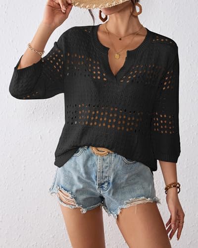 Bsubseach Crochet Tops for Women 3/4 Sleeve Swimsuit Coverup Beach Vacation Clothes Spring Summer Sweaters4