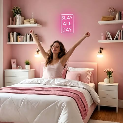 Image of Slay All Day Neon Sign Dimmable Neon Signs for Wall Decor Pink LED Signs USB Light Up Sign Room Decor for Teen Girl Preppy Bedroom Living Room Y2K Coquette Cool Downtown Teenage Girl Room Decoration