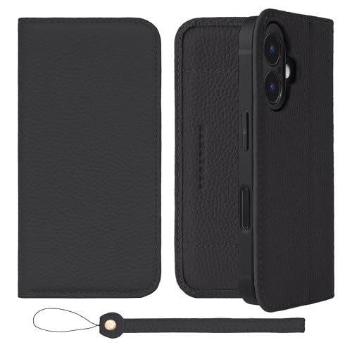 HANATORA iPhone16 ケース 手帳型 本革 スマホケース スマホ スタンド ストラップ 付き シュリンクカーフレザー ギフト ベルトなし マグネットなし ブラック H1SPA-16-Black ギフト 誕生日ギフト 女性 彼女 お母さん お父さん 人気商品 30代 40代 50代 60代 70代