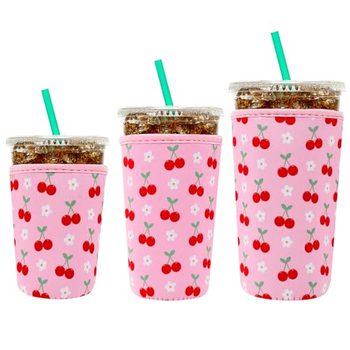 Image of YR Reusable Neoprene Insulator Sleeve for Iced Coffee Cups, 3 Pack Coffee Coolies sleeves for Iced & Hot Drinks, Cold Beverage Cooler Compatible with Starbucks Coffee and More (Cute Cherry)
