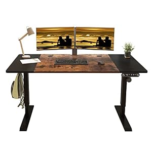 Jceet Adjustable Height Electric Standing Desk – 63 x 30 Inch Sit Stand Computer Desk with Splice Board, Stand Up Desk Table for Home Office, Black Frame/Black and Rustic Brown Top