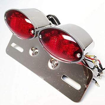 HTTMT MT374-CD+RED Chrome Red Universal Cat Eye Custom Motorcycle Tail Brake Turn Signal License Plate Light