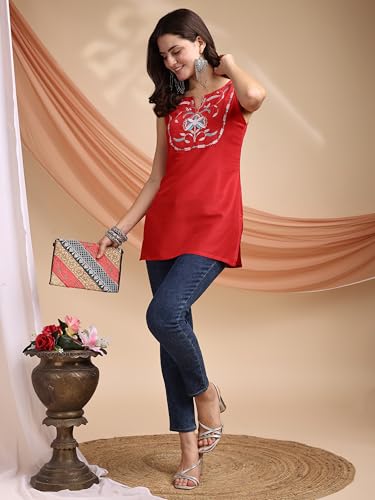 Image of EthnicJunction Women's Bottle Green Cotton Silk Yoke Embroidery Shoulder Strpe Straight Short Kurti | Regular Fit Kurti |Navratri speical Kurti