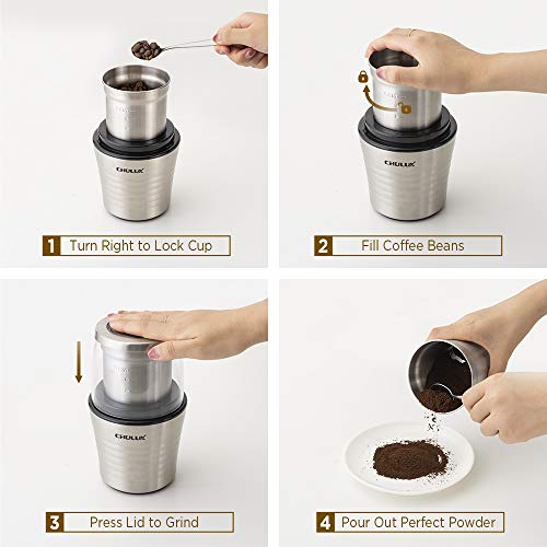 CHULUX Electric Stainless Steel Coffee Spice Grinder,70g Capacity Detachable Grinding and Chopping Cups with Built-in SS304 Blades for Dry/Moist Food,Plus a Cleaning Brush