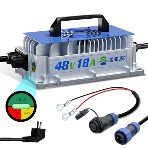 DC House 48 Volt 18A Chargeur de Batterie au Lithium, Chargeur Rapide 900W, efficacité de Charge ≥ 93%, étanchéité IP65, antichute, avec Ventilateur, Compatible avec Les Batteries au Lithium 48V