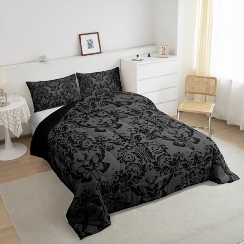 Feelyou Adults Gothic Comforter Set Queen Size Black Damask Comforter Death Moth Bohemia Boho Bedding Set Goth Skull Duvet Set Vintage Victorian Baroque Floral Quilt Set 3Pcs thumb #3
