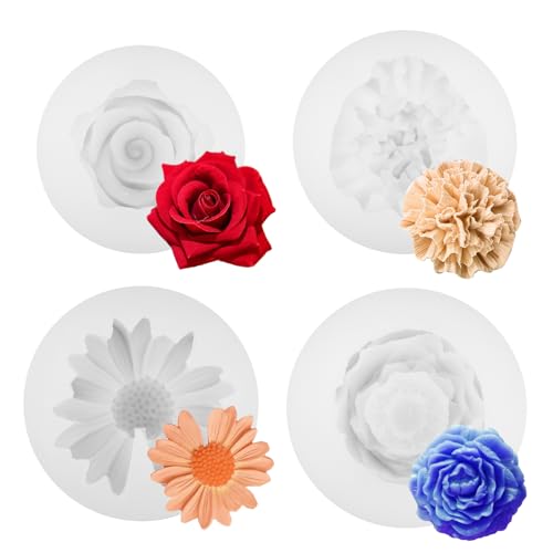 4 PiezasMolde de Silicona para Velas, Moldes para Velas DIY, Moldes Velas de Rosa 3D, Molde Silicona Flor de Peonía para Jabón Chocolate Fondant Pasteles, Decoraciones Aniversarios Bodas Fiestas