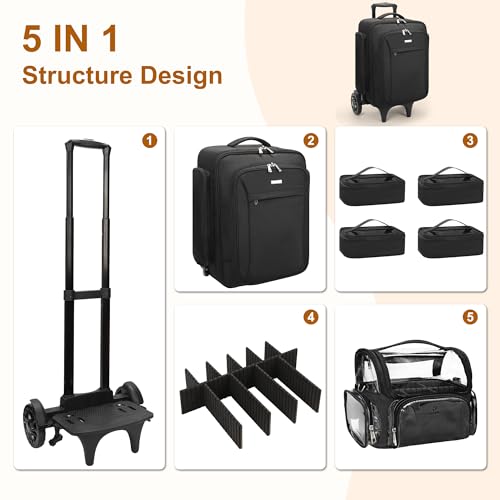 Image of Relavel Rolling Makeup Case with Large Brush Bag, Professional Make Up Travel Organizer Bag with 2 big Wheels, Lockable Makeup Backpack with Adjustable Dividers for Makeup Artist - Black