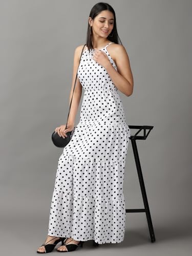 Image of SHOWOFFFF Women Printed Fit and Flare Casual Dress | Halter Neck Sleeveless Cotton Dress for Womens | Maxi Dress for Women's