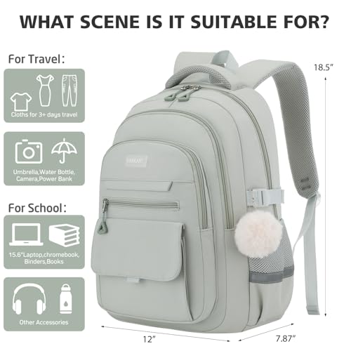 Image of Teen Girls School Backpack, Aesthetic Bookbag Laptop Backpack 17.3in for Kids Elementary Middle High School College Women Students Mochilas Ninas, Green
