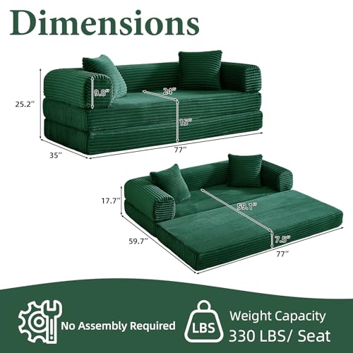 Image of Convertible Futon Sofa Bed, Fold Out Floor Sofa Couch with Sleeper Sofa,Folding Boneless Couches with Deep Seat,Cloud Corduroy Foldable Mattress Couch for Living Room (Green)