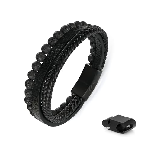 Pulsera de cuero con cuentas y piedra natural para hombre miniatura 1