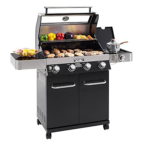 Monument-Grills-Larger-4-Burner-Propane-Gas-Grills-Black-Porcelain-Enamel-Coated-Cabinet-Style-with-LED-Controls-Clear-View-Lid-Side-Burner-Built-in-Thermometer-and-USB-Light
