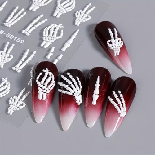 Halloween Skull Nail Art Stickers Skeleton Bones Nail Art Decals 3 Sheets 5D Embossed Finger Skull Nail Stickers Self-Adhesive Hand Bones Nail Sliders Halloween DIY Manicure Supplies for Women Girls - Image 3