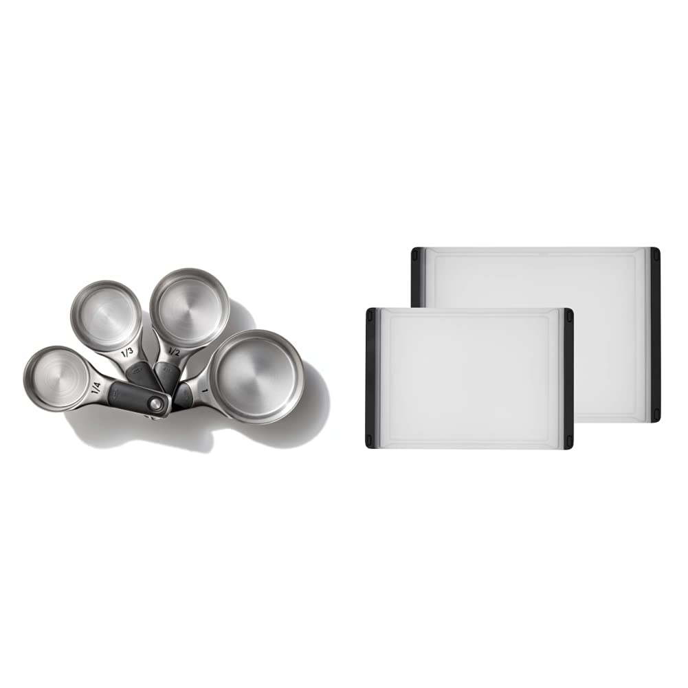 OXO Good Grips 4 Piece Stainless Steel Measuring Cups with Magnetic Snaps & Good Grips 2-Piece Plastic Cutting Board Set (Pack of 1)