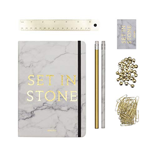 Luckies of London Ltd Set In Stone Stationary Set - Executive Hardcover Marble Print A5 Notebook With Pencils, Ruler, Paper Clips, Drawing Pins and Sticky Note Pad