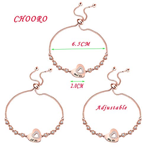 Image of CHOORO Big Mid Lil Sister Copper Bracelet Set for 3 Sister Jewelry Heart Rhinestone Pendant Bracelet Best Friend Gift