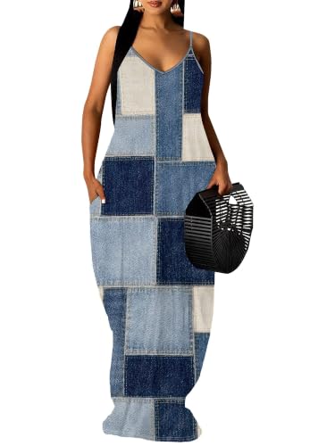 Image of Women's Summer Maxi Dress Spaghetti Strap Floral Boho Beach Long Sundress with Pockets