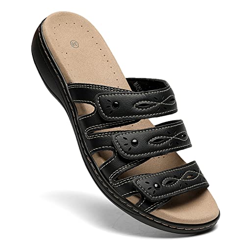 Muboliy Classic Women's Leather Sandals - Arch Support & Memory Foam Casual Slip-On Sandals with Adjustable Straps Outdoor