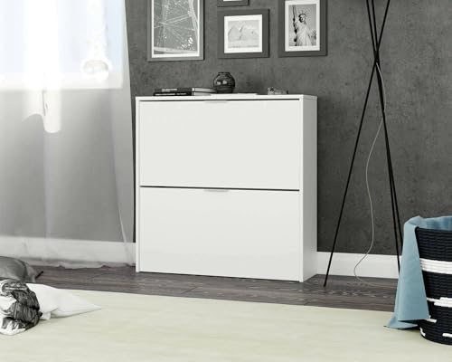 Dmora - Scarpiera Louisville, Armadio portascarpe a 2 Ante a ribalta, Scarpiera Bassa da Ingresso, Mobile Basso, 75x22h76 cm, Bianco