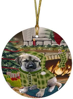 Santa Sled Dogs Anatolian Shepherd Christmas Round Flat Ornament - Pet Decorative Hanging Ornaments for Christmas X-mas Tree Decorations - 2.75" Round Flat Ceramic Christmas Ornament POR1559
